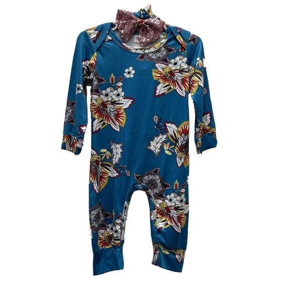 Baby Infant Girls 12 mos 80 Blue Green Floral Snap - Picture 1 of 5